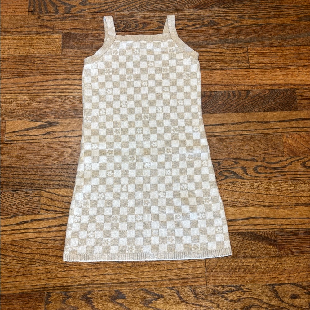 Checkered Knit Dress in Beige and Cream
